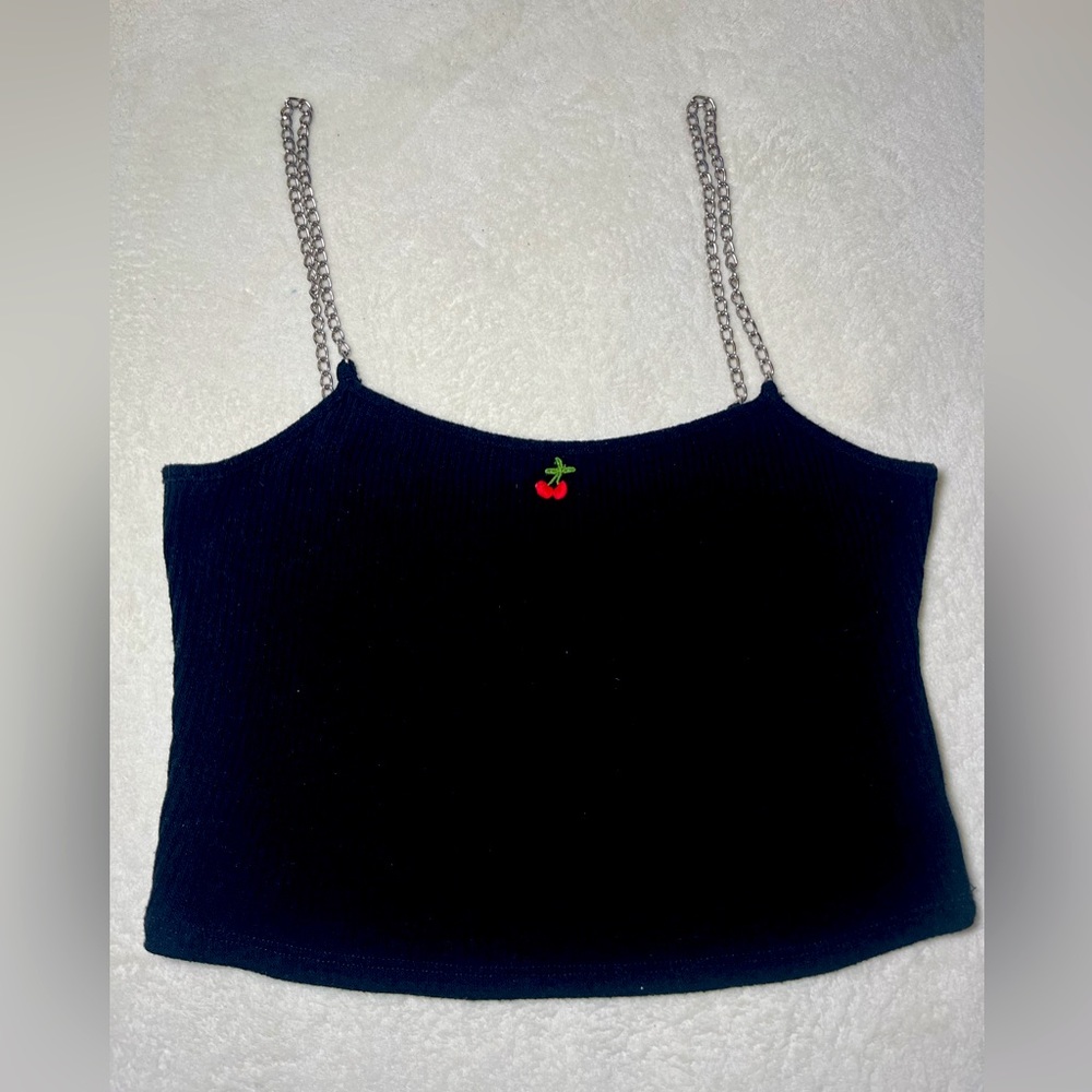 Black Chain Strap Tank Top with Cherry Embroidery Made By Win Win